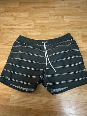 Lacoste Men's Dark Green Striped Swim Trunks with White Drawstring